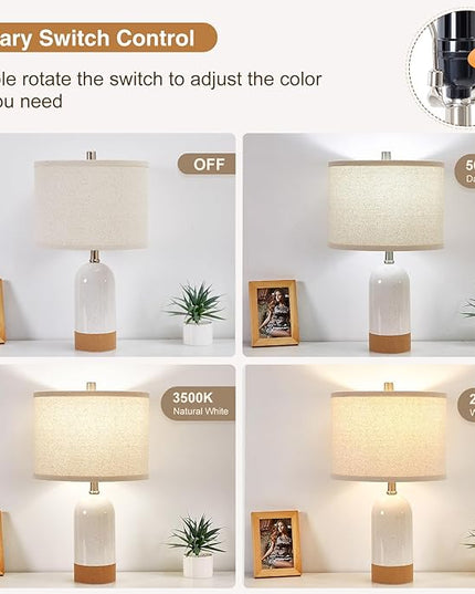 3 Color Temperature Small Table Lamp for Bedroom, Bedside Desk Reading Lamps, 21.5" Nightstand Ceramic Lamp for Kids Room, Living Room, Dorm, Home Office, Bulbs Included - LeafyLoom