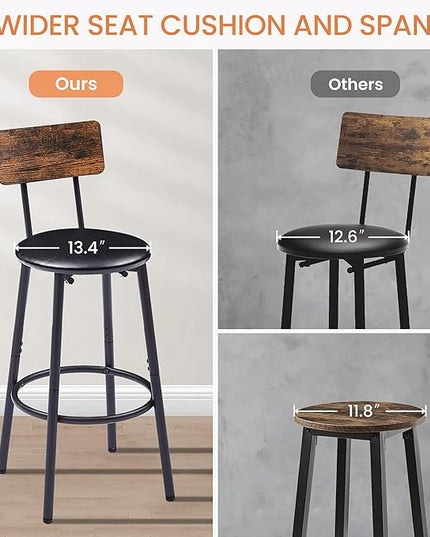 3 Pieces Bistro Table and Chairs Set, Industrial Counter Height Round Bar Table with Storage Shelf, 2 PU Upholstered Seat Stools with Backrest & Footrest, for Kitchen, Bar, Small Space, Rustic Brown - LeafyLoom