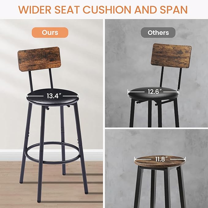 3 Pieces Bistro Table and Chairs Set, Industrial Counter Height Round Bar Table with Storage Shelf, 2 PU Upholstered Seat Stools with Backrest & Footrest, for Kitchen, Bar, Small Space, Rustic Brown - LeafyLoom