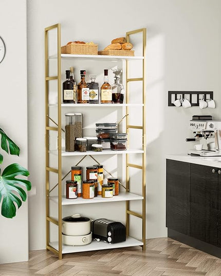 NUMENN 5 Tier Bookshelf, Tall Bookcase Shelf Storage Organizer, Modern Book Shelf for Bedroom, Living Room and Home Office, White/Gold - LeafyLoom