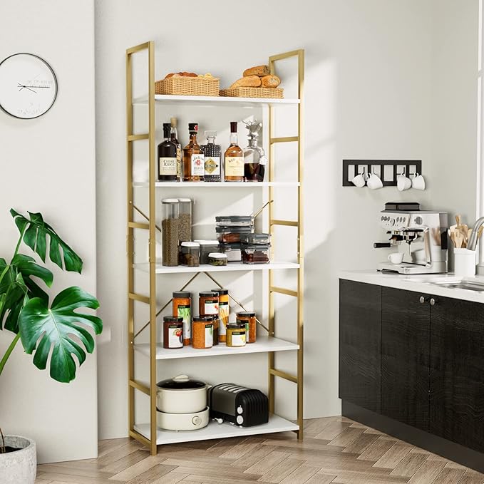 NUMENN 5 Tier Bookshelf, Tall Bookcase Shelf Storage Organizer, Modern Book Shelf for Bedroom, Living Room and Home Office, White/Gold - LeafyLoom