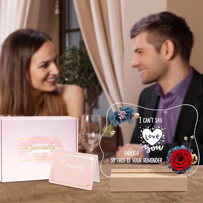 Yamonic Valentines Day Gifts for Her, Handmade Acrylic Plaque with Eternal Real Rose, Night Light with Preserved Rose Romantic Gifts for Girlfriend Wife Women (Reminder) - LeafyLoom