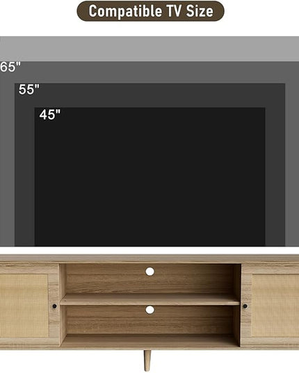 Media TV Stands for 75+ Inch TV,Entertainment Center with Adjustable Shelf, Rattan TV Console with 2 Cabinets,Mid Century Modern TV Console Table for Living Room Bedroom - LeafyLoom