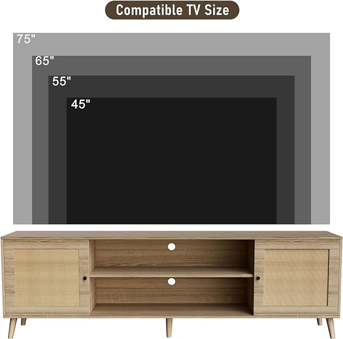 Media TV Stands for 75+ Inch TV,Entertainment Center with Adjustable Shelf, Rattan TV Console with 2 Cabinets,Mid Century Modern TV Console Table for Living Room Bedroom - LeafyLoom