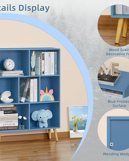 YAHARBO 7 Cube Bookshelf, Blue Kids Book Shelf with Cubby Storage,Wooden Modern Bookcase with Legs,3 Tier Freestanding Display Book Case,Children Toy Organizer,Bookshelves for Office,Nursery,Playroom - LeafyLoom