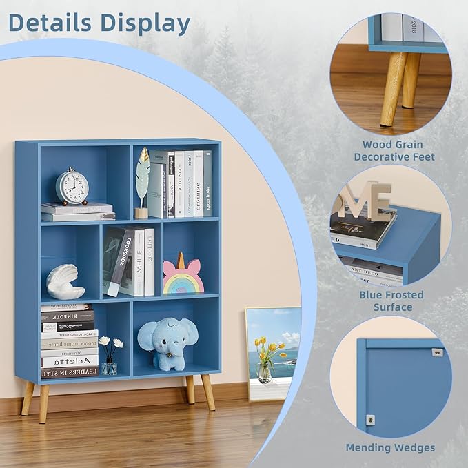 YAHARBO 7 Cube Bookshelf, Blue Kids Book Shelf with Cubby Storage,Wooden Modern Bookcase with Legs,3 Tier Freestanding Display Book Case,Children Toy Organizer,Bookshelves for Office,Nursery,Playroom - LeafyLoom