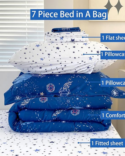 7 Piece Boys Space Comforter Set Twin Size Bed in A Bag Star Rocket Galaxy Universe Planets Bedding Set for Kids Teens Girls Microfiber Blue Quilt All Season - LeafyLoom