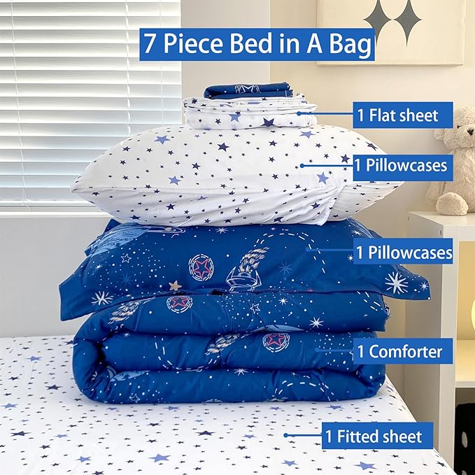 7 Piece Boys Space Comforter Set Full Size Bed in A Bag Star Rocket Galaxy Universe Planets Bedding Set for Kids Teens Girls Microfiber Blue Quilt All Season - LeafyLoom