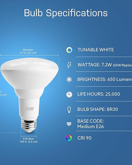 Feit Electric BR30 Smart LED Light Bulb, 60W Equivalent, Tunable White, Wi-Fi Enabled, Alexa & Google Home Compatible, E26 Base, 90+ CRI, Non-Dimmable, 800 Lumens, 25,000-Hour Lifetime, BR30/CCT/CA/AG FeitElectricCompany