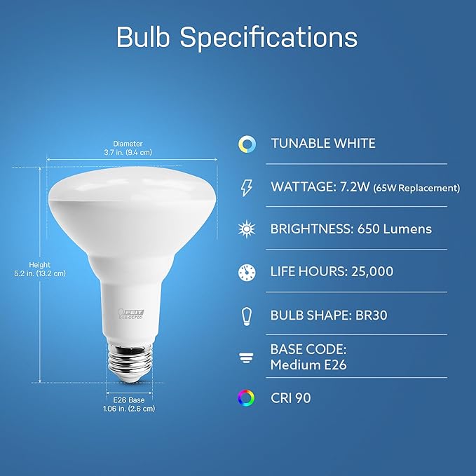 Feit Electric BR30 Smart LED Light Bulb, 60W Equivalent, Tunable White, Wi-Fi Enabled, Alexa & Google Home Compatible, E26 Base, 90+ CRI, Non-Dimmable, 800 Lumens, 25,000-Hour Lifetime, BR30/CCT/CA/AG FeitElectricCompany