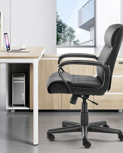 Office Chair - Mid-Back Computer Desk Chair with Armrests, Height Adjustable Home Chair, 360-Degree Swivel, Lumbar Support, PU Leather, Black, Modern - LeafyLoom
