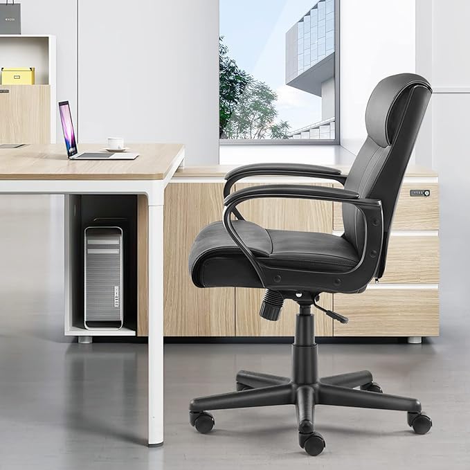 Office Chair - Mid-Back Computer Desk Chair with Armrests, Height Adjustable Home Chair, 360-Degree Swivel, Lumbar Support, PU Leather, Black, Modern - LeafyLoom