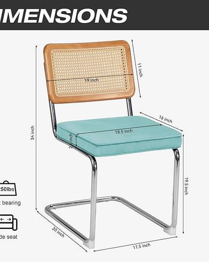 Dining Chair Set of 2, Mid-Century Modern Rattan Dining Chairs with Metal Chrome Legs, Natural Cane Backrest Upholstered for Home Kitchen，Dining Room and Patio, Aqua Blue - LeafyLoom