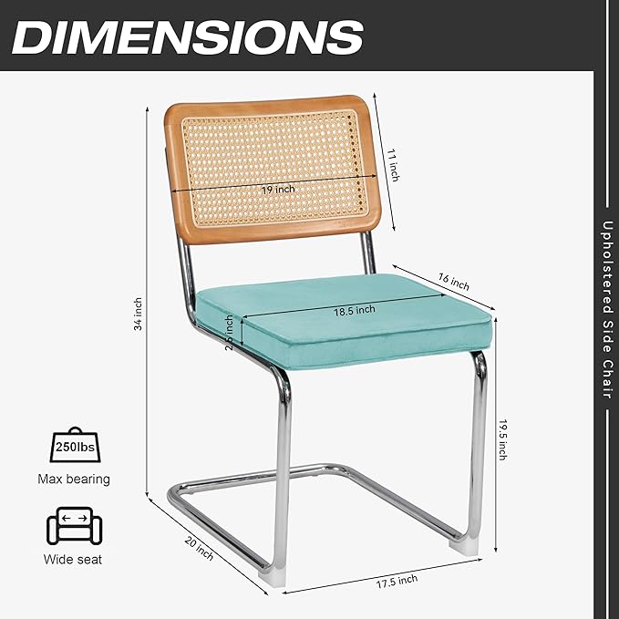 Dining Chair Set of 2, Mid-Century Modern Rattan Dining Chairs with Metal Chrome Legs, Natural Cane Backrest Upholstered for Home Kitchen，Dining Room and Patio, Aqua Blue - LeafyLoom