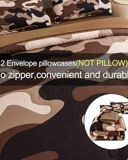 Meeting Story Camouflage Bedding Set, Colorful Pattern Style Comforter Set, 5 PCS One Comforter Two Pillowcases Two Sheets in One Bag, All Season Bedspread for Teens Adults (Coffee, Twin 5Pcs) - LeafyLoom