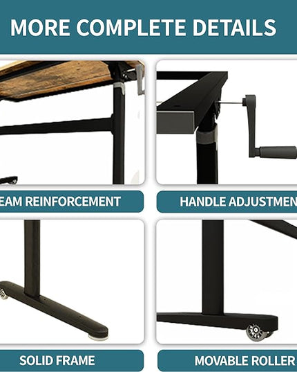 Manual Standing Desk Adjustable Height- Crank Mobile Standing Desk 55 x 24 Inches Sit Stand Desk Frame & Top, Stand Up Desk on Wheels, Computer Desk Black Frame & Rustic Brown - LeafyLoom