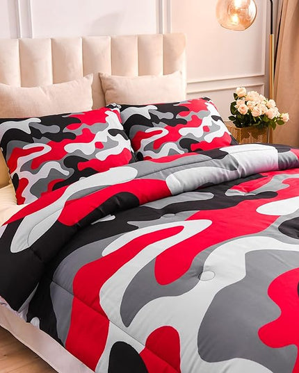 Meeting Story Camouflage Bedding Set,Colorful Pattern Style Queen Comforter Set, 3 PCS One Comforter and Two Pillowcases in One Bag, All Season Bedspread for Teens Adults (Black, King) - LeafyLoom