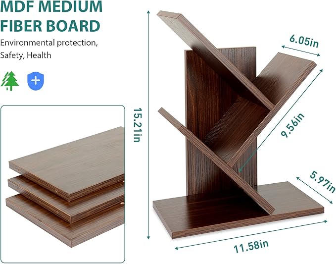 Tree Bookshelf, 3-Tier Small Book Storage Organizer Shelves Floor Standing Bookcase, Wood Storage Rack for Office Home School Shelf Display for Cd/Magazine（Dark Walnut ） - LeafyLoom