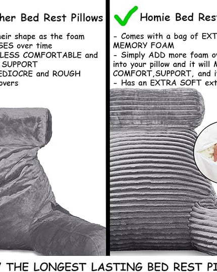 Homie Reading Pillow with Reading Light and Wrist Support, Has Arm Rests, and Back Support for Bed Rest, Lounging, Reading, Working on Laptop, Watching TV (Large, Gray) - LeafyLoom