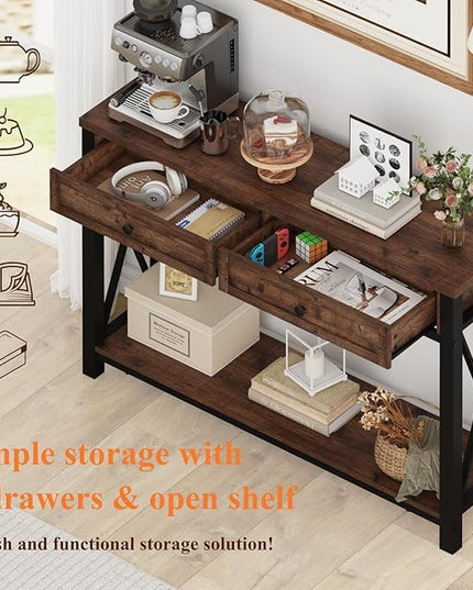 BON AUGURE Console Table with 2 Drawers, Entryway Table with Storage, Sofa Table Behind Couch for Living Room, Farmhouse Entry Table for Hallway, Foyer, Front Door (Rustic Oak, 47 Inch) - LeafyLoom