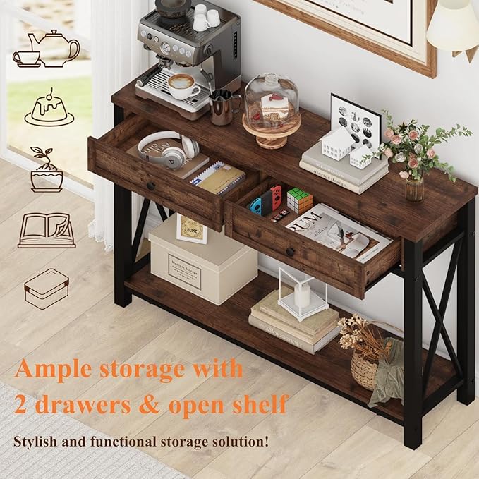 BON AUGURE Console Table with 2 Drawers, Entryway Table with Storage, Sofa Table Behind Couch for Living Room, Farmhouse Entry Table for Hallway, Foyer, Front Door (Rustic Oak, 47 Inch) - LeafyLoom