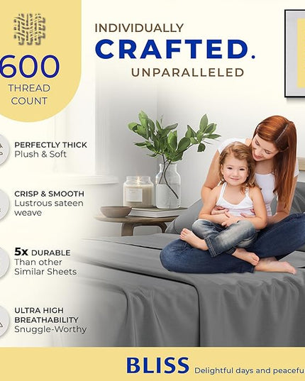 THREAD SPREAD 100% Egyptian Cotton Sheets Queen Size - 600 Thread Count Sheets Queen, 4 PC Luxury Sheets Queen Size, Soft, Cooling Sateen Weave Deep Pocket Sheet Set, Fits Mattress upto 18"- Dark Grey - LeafyLoom