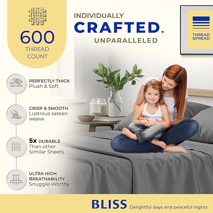 THREAD SPREAD 100% Egyptian Cotton Split King Sheets Sets for Adjustable Bed - 600 Thread Count 5 PC Top Split King Sheets, 16" Deep Pocket Cooling Sheets for Split King Adjustable Bed - Dark Grey - LeafyLoom
