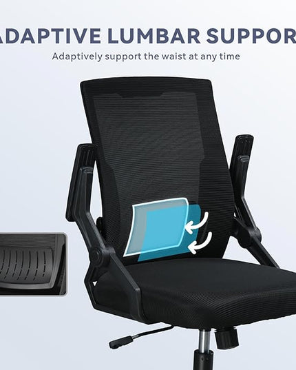 COMHOMA Office Chair with Flip-up Armrests Ergonomic Computer Desk Chair Foldable Mesh Task Chair with Wheels Adaptive Lumbar Support Swivel Tilt Comfortable Study Chair for Student, Black - LeafyLoom