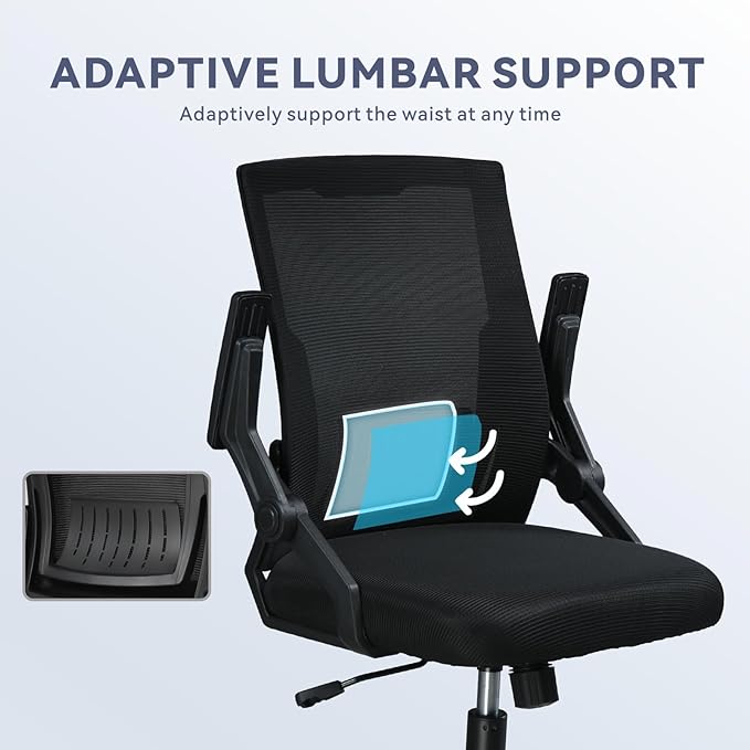 COMHOMA Office Chair with Flip-up Armrests Ergonomic Computer Desk Chair Foldable Mesh Task Chair with Wheels Adaptive Lumbar Support Swivel Tilt Comfortable Study Chair for Student, Black - LeafyLoom