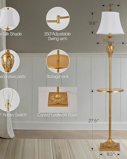 Traditional LED Floor Lamp with 350° Adjustable Swing Arm Lamp – Vintage Standing Pole lamp for Living Room, Bedroom and Office – Rustic Upright Floor Light for Home Décor with Silk Fabric Shade - LeafyLoom