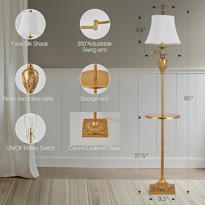 Traditional LED Floor Lamp with 350° Adjustable Swing Arm Lamp – Vintage Standing Pole lamp for Living Room, Bedroom and Office – Rustic Upright Floor Light for Home Décor with Silk Fabric Shade - LeafyLoom