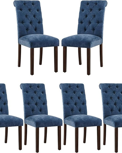 COLAMY Button Tufted Dining Chairs Set of 6, Parsons Upholstered Fabric Dining Room Chairs Kitchen Chairs with Wood Legs and Padded Seat, Blue - LeafyLoom