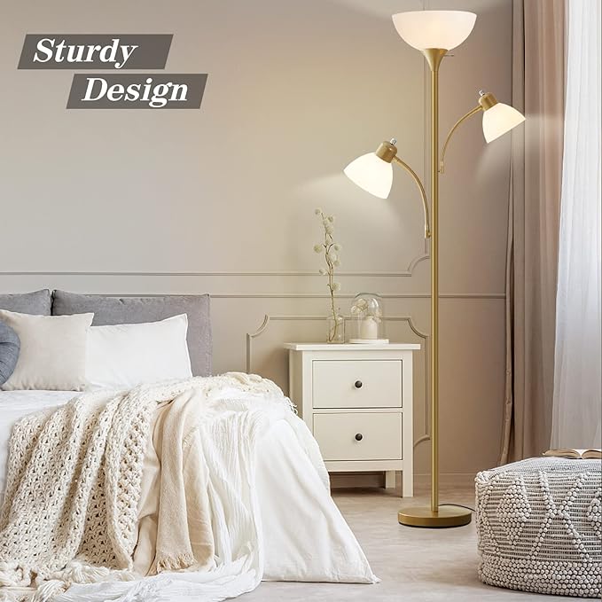 Luvkczc Torchiere Floor Lamps for Living Room, 3 Light Tree Floor Lamp, Gold Modern Tall Standing Lamps, Industrial Bright Floor Lamp for Bedroom, Office, Dresser, 3 LED Bulbs Included - LeafyLoom
