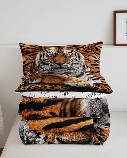 Tiger 3D Print Comforter Set Full Size Wild Animals Bedding Set 3pcs for Kids Teens Room Decor,Animal Fur Quilt Set Soft Breathable Duvet Insert with 2 Pillowcases - LeafyLoom