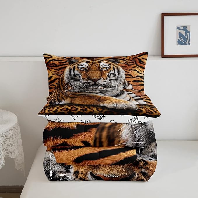 Tiger 3D Print Comforter Set Full Size Wild Animals Bedding Set 3pcs for Kids Teens Room Decor,Animal Fur Quilt Set Soft Breathable Duvet Insert with 2 Pillowcases - LeafyLoom