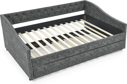 Full Size Upholstered Daybed with Twin Trundle, Wooden Sofa Bed w/Button Tufted Backrest and Waved Shape Arms, No Box Spring Needed, for Living Room, Bedroom, Dorm, Grey - LeafyLoom