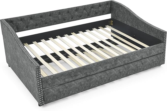Full Size Upholstered Daybed with Twin Trundle, Wooden Sofa Bed w/Button Tufted Backrest and Waved Shape Arms, No Box Spring Needed, for Living Room, Bedroom, Dorm, Grey - LeafyLoom