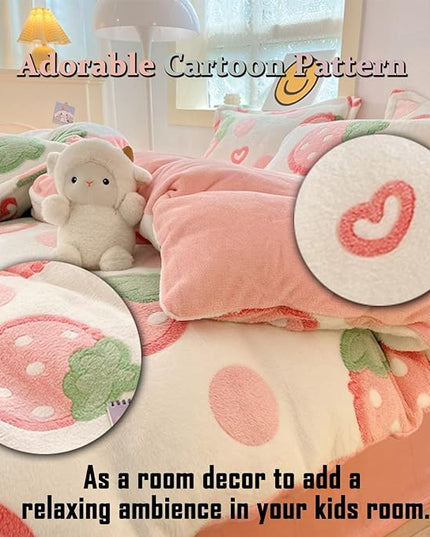 MorroMorn Pink Duvet Cover Queen, Strawberry Bedding Sets, Fluffy Comforter Covers Set, Down Alternative Blanket Ultra Soft Kawaii Cute for Girls Kids Teen Women Full Double Size - LeafyLoom