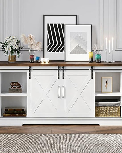 IDEALHOUSE Farmhouse TV Stand, Entertainment Center for 65 Inch TV Media Console Cabinet, White Barn Doors TV Stand with Storage and Shelves, Modern TV Console Table Furniture for Livingroom - LeafyLoom