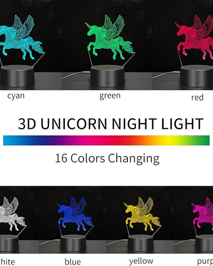 3D Unicorn Night Light for Kids,Acrylic night light 3-Pattern & 16 Colors Change,Decor LED Bedside Night Lamp With remote control, suitable for bedroom, Unicorn Christmas Gifts Toys for Boys Girls - LeafyLoom