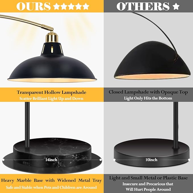 Arc Floor Lamp for Living Room, Marble Base Standing Lamp - Black Gold Floor Lamps with 360° Rotatable Arm, Industrial Tall Lamp Metal Material, Reading Lamp for Bedroom Couch Sofa Desk - LeafyLoom