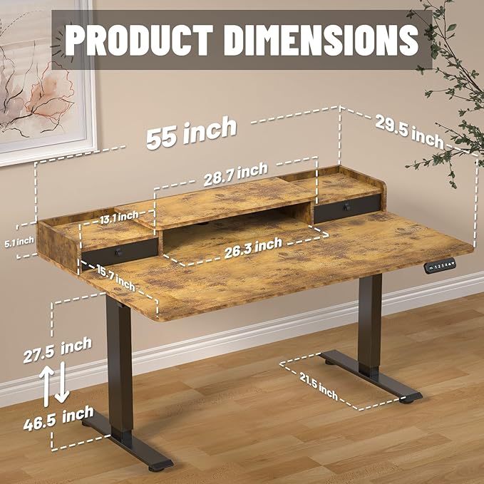 55×30 Inch Electric Standing Desk with 2 Drawers, Adjustable Height Widened Stand Up Desk with Storage Shelf, Sit to Stand Ergonomic Workstation for Home Office - LeafyLoom