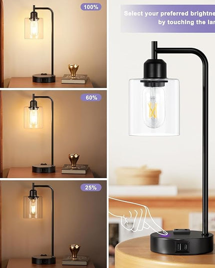 Industrial Touch Table Lamps for Bedrooms Set of 2 - 3-Way Dimmable Nightstand Lamps with USB C+A Ports and Outlet, Black Bedside Lamps with Glass Shade for Living Room, Desk Lamps for Home Office - LeafyLoom