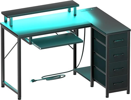 Black L Shaped Desk with Drawers, Corner Desk with LED Light & Power Outlet, 47" Computer Desk with Monitor Stand & CPU Stand, for Home Office Small Space - LeafyLoom
