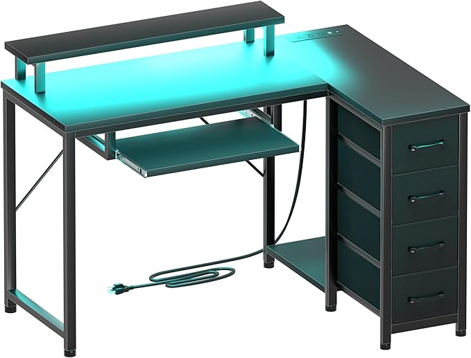 Black L Shaped Desk with Drawers, Corner Desk with LED Light & Power Outlet, 47" Computer Desk with Monitor Stand & CPU Stand, for Home Office Small Space - LeafyLoom