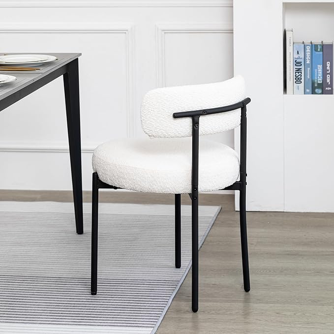 DYHOME White Dining Chair One Chair for Kitchen Dining Room Dining Table,Upholstered Boucle Dining Chair with Black Metal Legs,Accent Dining Side Chair - LeafyLoom