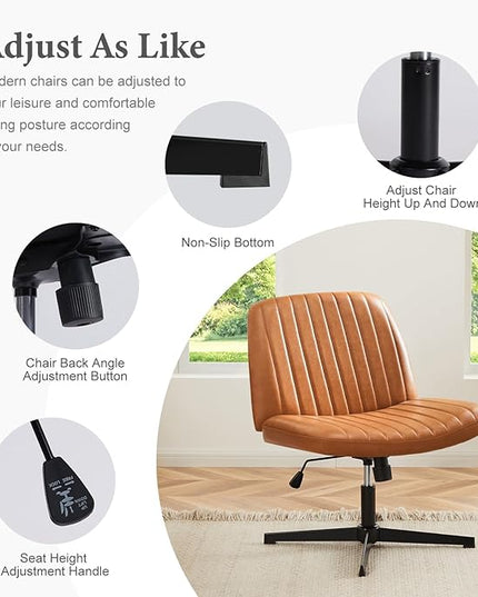 Sweetcrispy Criss Cross Chair Legged, Armless Office Desk Chair No Wheels, Swivel Vanity Chair, Height Adjustable Wide Seat Computer Task Chair, PU Leather Vanity Modern Home Chair Brown - LeafyLoom