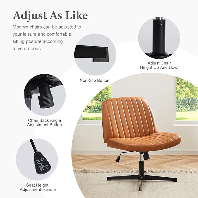 Sweetcrispy Criss Cross Chair Legged, Armless Office Desk Chair No Wheels, Swivel Vanity Chair, Height Adjustable Wide Seat Computer Task Chair, PU Leather Vanity Modern Home Chair Brown - LeafyLoom