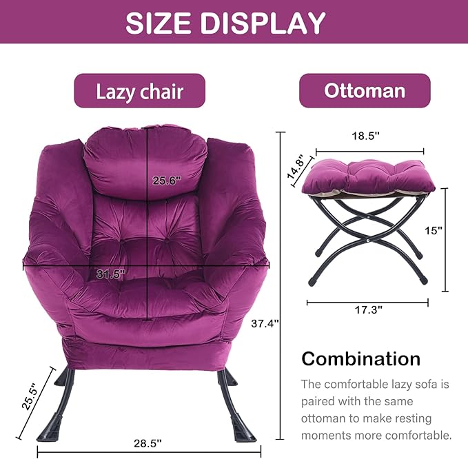 LITA Lazy Chair with Ottoman, Modern Accent Leisure Upholstered Sofa Chair, Contemporary Lounge Reading Chair with Armrests and a Side Pocket for Living Room, Bedroom & Small Space - LeafyLoom