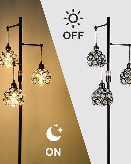 Dimmable Crystal Floor Lamp, Industrial Farmhouse Lamps for Living Room, 3-Light Black Standing Lamp Bedroom, Modern with 3 Lampshades, Rustic Tall Tree 64inch, E26 - LeafyLoom